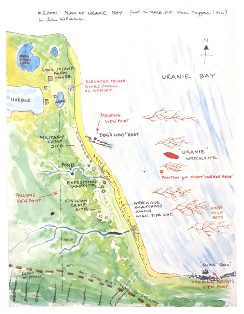 Illustrated plan of Uranie Bay and the wreck site